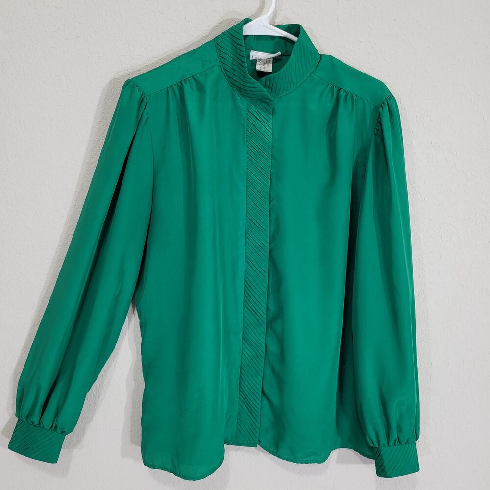 Vintage Blouse Laura Mae Womens XL Green High Neck Long Sleeve Shirt 80s 90s